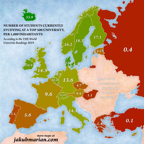 Number of topranked universities by country in Europe Tromba